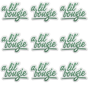 Detail of 9-piece set white and green 'a lil' bougie' letter embroidery patches