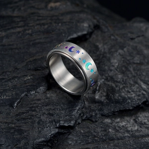 8mm spinner ring for men with rotating moon star pattern in rainbow plated finish