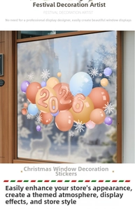 Close-up of 2026 festive window stickers featuring colorful balloons and white snowflakes