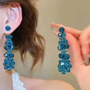 Peacock blue crystal flower tassel earrings with long beaded design for women