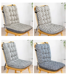 Detail of four geometric patterns on integrated chair cushions with securing straps