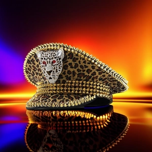 Close-up of leopard print military hat with gold rivets and a rhinestone leopard head
