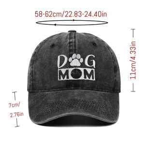 Washed cotton baseball cap with DOG MOM embroidery and precise dimension measurements