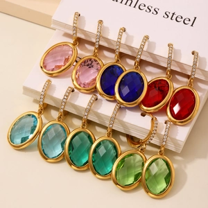 Elegant multi-color faceted oval glass crystal drop earrings with sparkling zircon accents