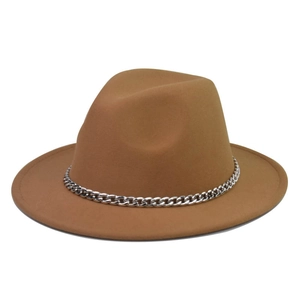 Classic camel wool fedora hat with a silver metal chain trim on a flat brim