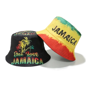 Jamaica themed bucket hats with One Love print and tie-dye Rasta colors design