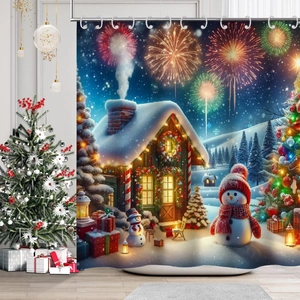Detail of Christmas shower curtain with snowman and cozy winter cabin digital print
