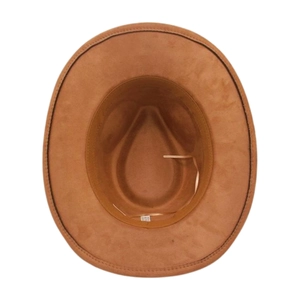 Brown faux suede western cowboy hat with adjustable drawstring and sweatband details