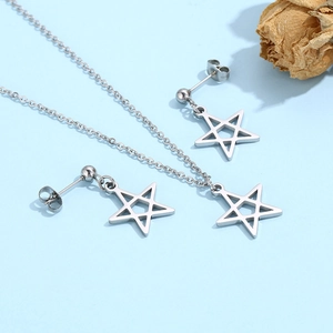 Detailed view of silver stainless steel star jewelry set with necklace and earrings