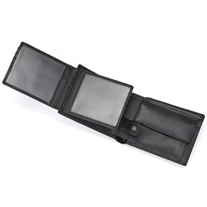 Detail view of tri-fold leather wallet showing internal card slots and snap coin pocket