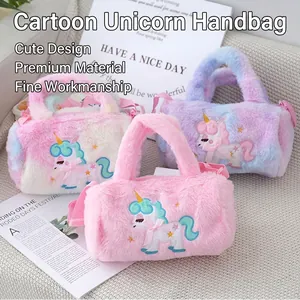 Kids Plush Unicorn Crossbody Handbag Cute Faux Fur Shoulder Bag With Embroidery Bow For Little Girls Toddlers Fashion