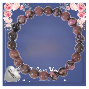 Bracciale di perle di rodonite rosa con ciondolo a cuore Sister e dedica