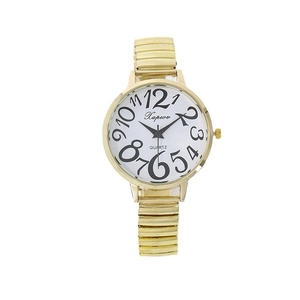 Women's quartz watch with large numerals, white dial, and golden elastic stretch band
