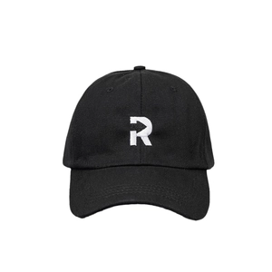 Classic black cotton baseball cap with white embroidered letter R on front