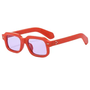Retro square orange sunglasses with purple lenses and silver arrow metal accents