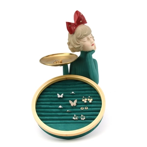 Bamboo velvet jewelry display stand with girl figurine holding a golden tray and ring slots