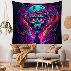 Artistic mushroom skull tapestry with neon psychedelic glow as modern home wall decor