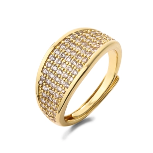 Detailed close-up of 18K gold plated wide band ring with micro-pave white zircon stones