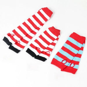 Detail view of striped knitted arm warmers and socks set for adults and children