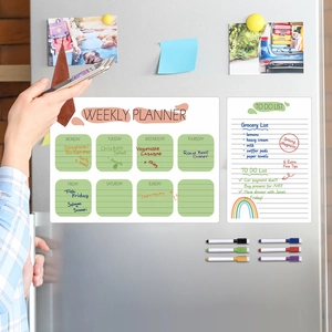 Magnetic weekly planner and to-do list set with 6 color markers on refrigerator