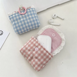 Quilted cotton lace headphone cases in blue and pink plaid patterns with heart stitching