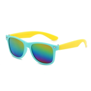 Classic square frame kids sunglasses with teal frames yellow temples and rainbow lenses
