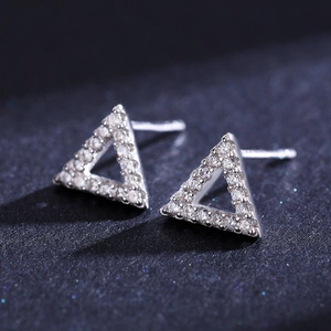 Polished silver 925 sterling silver geometric triangle stud earrings with micro pavé crystals