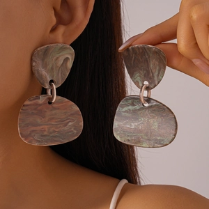 Exaggerated geometric resin earrings with marble texture in brown and green tones
