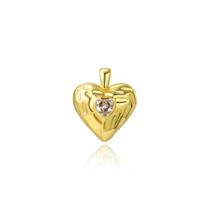 Detailed close-up of a 18k gold heart pendant with textured surface and center crystal