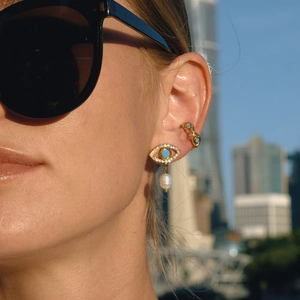Evil eye pearl drop earrings and turquoise ear cuff set in gold plated stainless steel