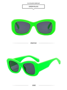 Front and side views of green square chunky sunglasses with black lenses and wide legs