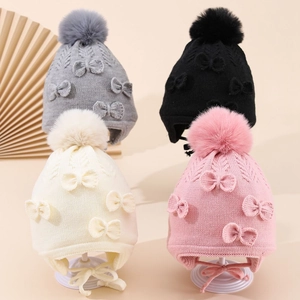 Knit Beanie Winter Hat With Faux Fur Pom Pom And Bowknots Fleece Lined Warm Ear Flaps Chin Straps For Baby Girls