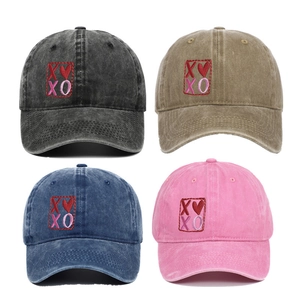 Washed Cotton Baseball Cap Distressed Vintage XOXO Heart Embroidery Curved Brim Adjustable Casual Streetwear For Men Women