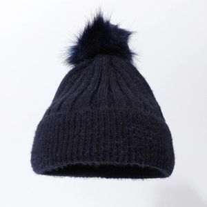 Solid Color Ribbed Knit Beanie With Large Faux Fur Pom-Pom Warm Soft Cuffed Winter Hat For Women Daily Outdoor Wear