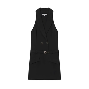 Sleeveless Blazer Mini Dress Button Front Vest Dress With Buckle Belt Solid Black Elegant Professional Party Wear For Women