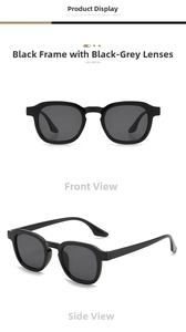 Detail view of retro round sunglasses with black frames and grey lenses from two angles