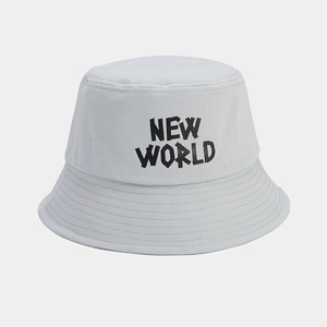 Detail of light gray bucket hat featuring New World text print and reinforced stitching