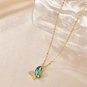 Butterfly Pendant Necklace Stainless Steel Mother Of Artificial Pearl Zirconia Gold Plated Elegant Fashion Jewelry For Women