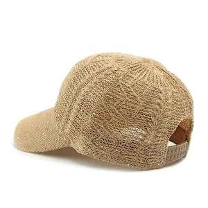 Beige knitted mesh baseball cap with sequins and breathable hollow texture for sun protection