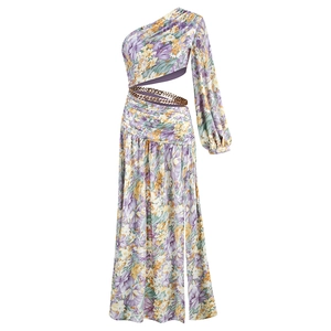 Floral one shoulder maxi dress with waist cutout, gold chain details, and high slit design