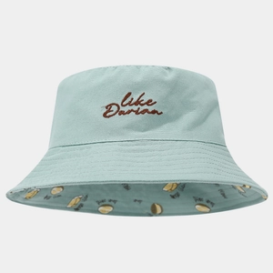 Detail of mint green bucket hat with Like Durian embroidery and fruit print lining