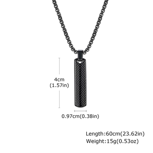 Size chart showing dimensions for black stainless steel bar pendant necklace for men