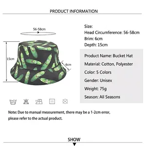 Unisex black bucket hat with cartoon cucumber print made of soft cotton polyester blend
