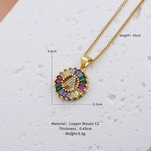 Gold alphabet A necklace with colorful zircon circle pendant and product size details