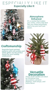 Detail of glittered Christmas candy ornaments with red stripes and polka dots for decor