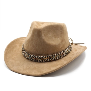 Khaki suede western cowboy hat with ethnic braided band and wide curved brim for outdoors
