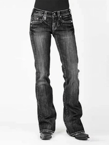 Slim fit high stretch flared denim jeans for women in washed black-gray vintage style