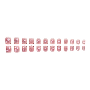 Faux ongles dégradé rose avec étoiles blanches et relief cœur, lot de 24 pièces courtes