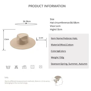 Size chart for wool fedora hat with 56-58cm circumference and 9cm wide brim details