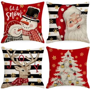 Set of 4 Christmas throw pillow covers with reindeer, snowman and Santa Claus patterns